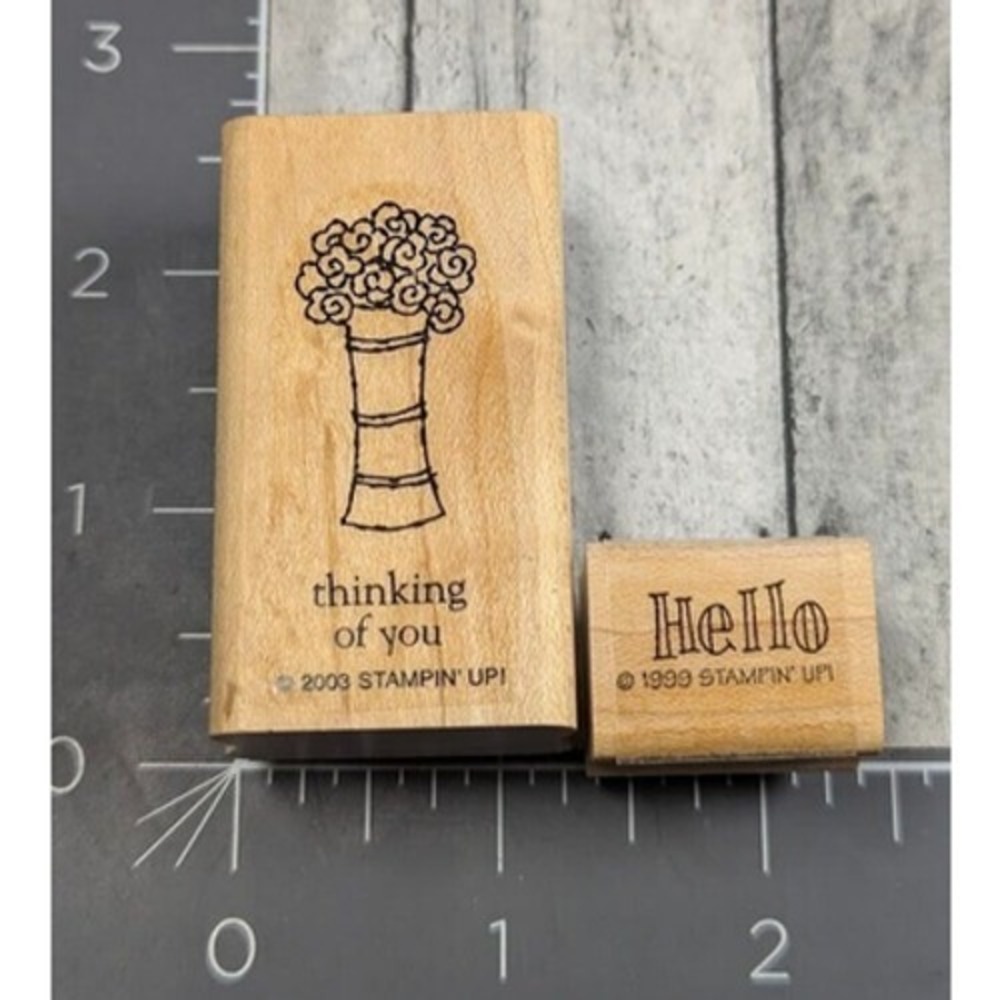 Stampin' Up! Thinking Of You Hello Lot of 2 Rubber Stamp Wood #i112